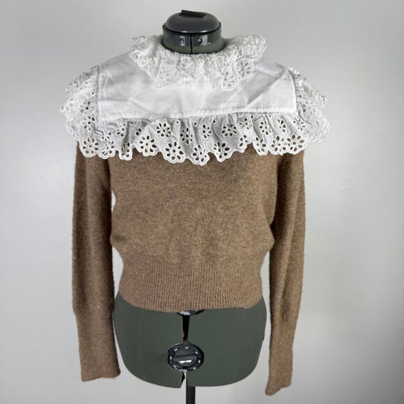 ZARA Lace Eyelet Bib Knitted Collar Brown-Camel Sweater – Small - Picture 2 of 11